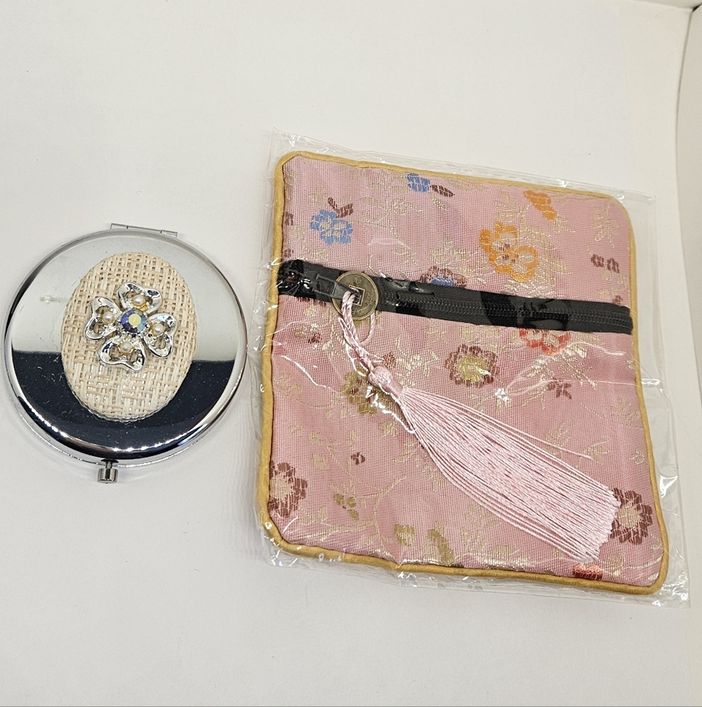 Compact Mirror Handmade Costume Jewelry AB Aurora Borealis Crystal Faux Pearls